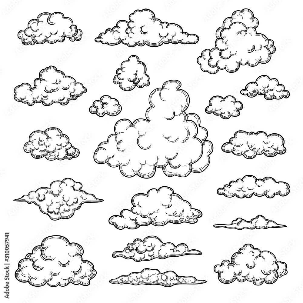 Wall mural hand drawn clouds. weather graphic symbols decorative sky vector nature objects vector cloud collect