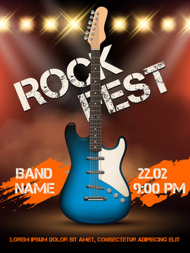 Rock festival invitation. Music guitar realistic illustration poster with place for your text event party entrance ticket vector. Illustration music rock event, guitar musical festival
