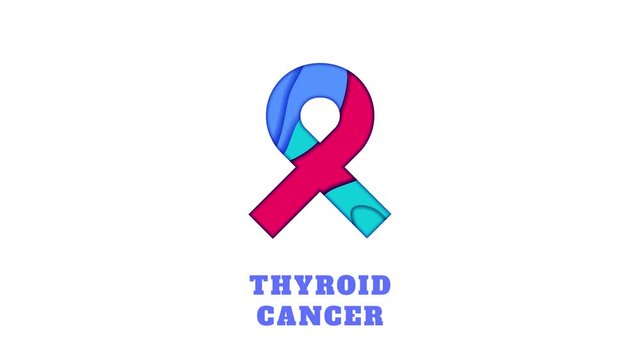 Thyroid cancer awareness animation. Teal, pink and blue ribbon made in 3D paper cut and craft style on white background. Endocrine system disorder. Medical concept. Motion graphics.