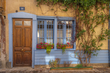 Troyes, France - 09 08 2019: Facade of a blue and yellow house with plants and climbers