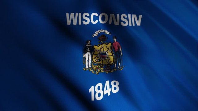 Close-up flag of Wisconsin. Animation. Blue flag with centered image printing state, center of which is inscription in circle "E Pluribus Unum". Flags of States of America