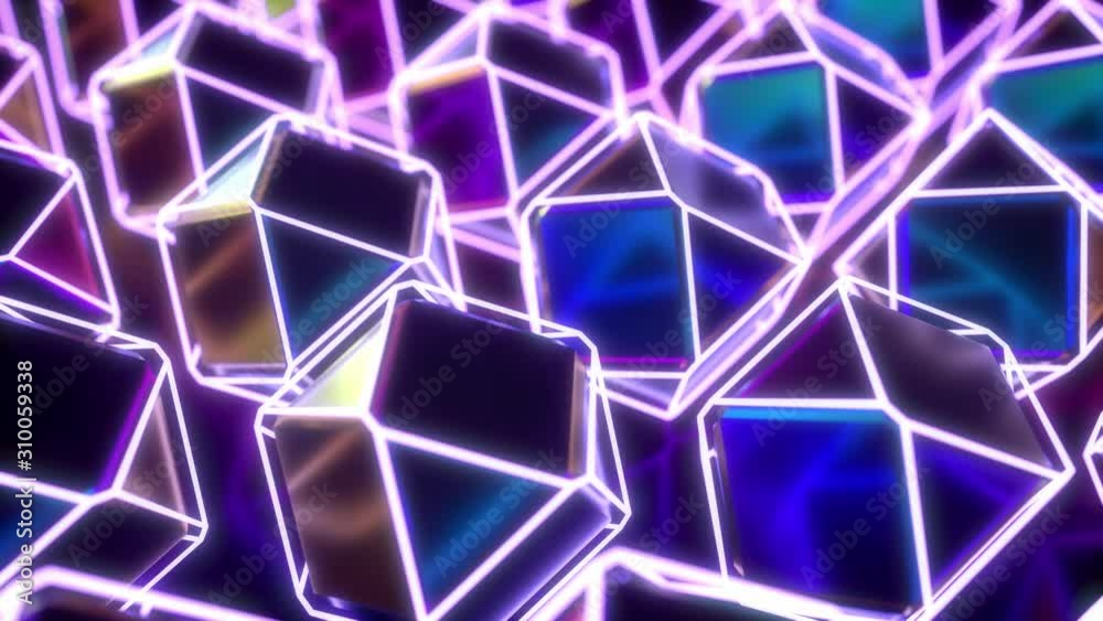Poster abstract background with moving iridescent cubic shapes. geometric neon glowing objects. footage wit