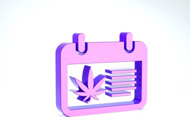 Purple Calendar and marijuana or cannabis leaf icon isolated on white background. National weed day. Hemp symbol. 3d illustration 3D render