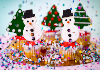 christmas cup cake with snowman decoration