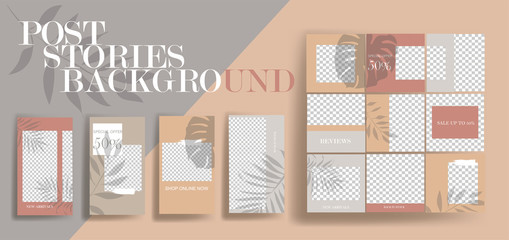 Design backgrounds for social media banner. Set of stories and post frame templates.Vector cover. Mock up for personal blog or shop.Layout for promotion.Endless square puzzle layout