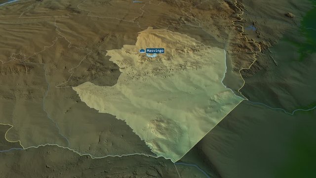 Masvingo - province of Zimbabwe with its capital zoomed on the physical map of the globe. Animation 3D