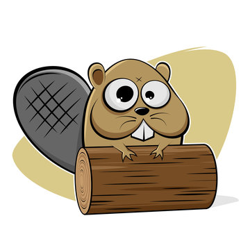 funny cartoon illustration of a beaver with wood log