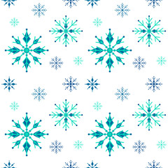 Seamless pattern of delicate graceful snowflakes on a white background. Snowflakes of different shapes and sizes, different shades of blue - winter seamless vector background.