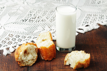 A glass of milk and wheat bread as countryside breakfast	