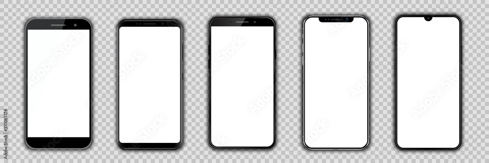 Poster Set different black models smartphone with empty touch screen, model mobile - stock vector