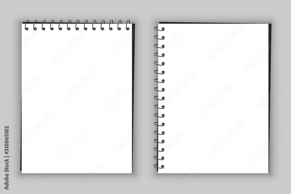 Poster realistic spiral blank notebook, two template copybook cover with horizontal and vertical iron spira