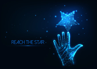 Fototapeta na wymiar Futuristic dream concept with glowing low polygonal human hand reaching the star