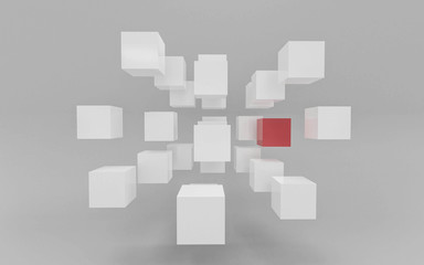 Fototapeta na wymiar white and red flying cubes and boxes in in front of white background abstract 3 render illustration