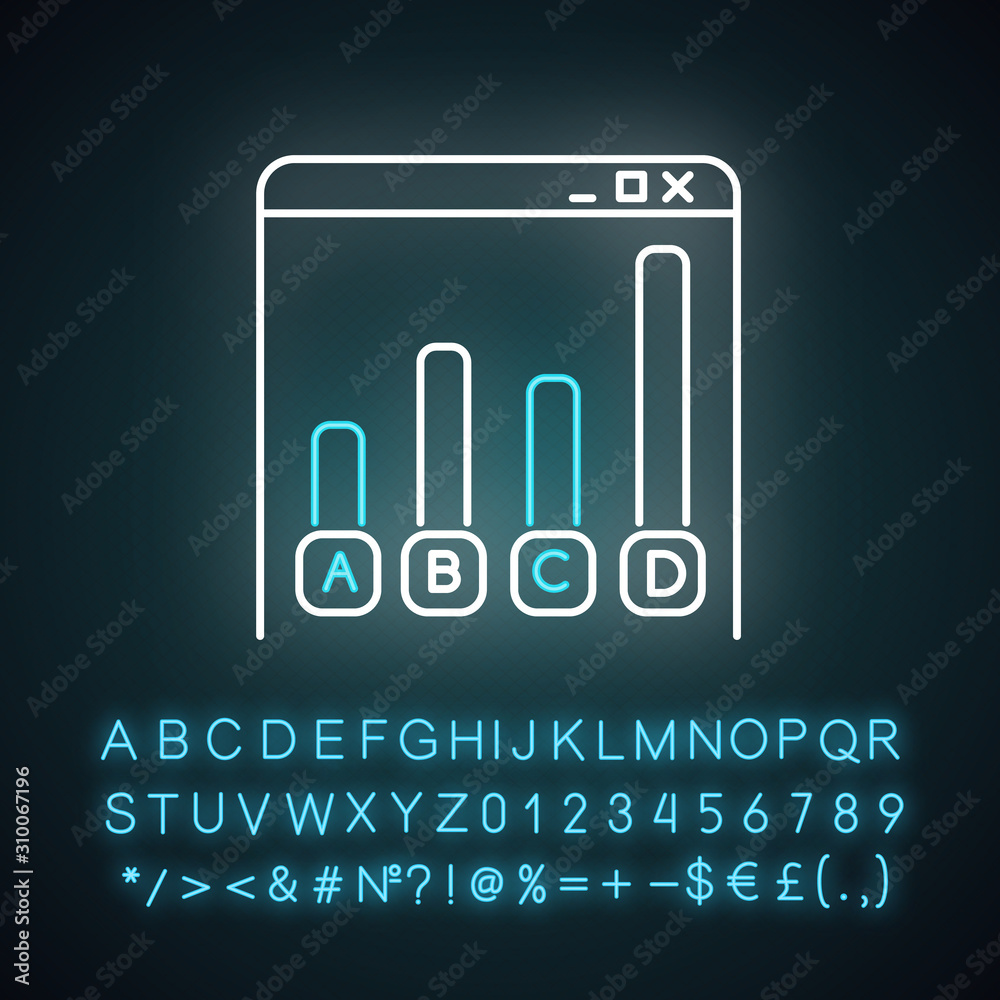 Wall mural Online survey neon light icon. Statistics analysis. Web chart. Internet graph. Info collection. Digital questionnaire. Glowing sign with alphabet, numbers and symbols. Vector isolated illustration