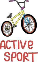 Summer activity poster. Active sport banner. Concept with bmx bicycle.  Extreme sports. Inscription for poster, booklet, flyer, promotions, advertising. Vector isolated on white background.