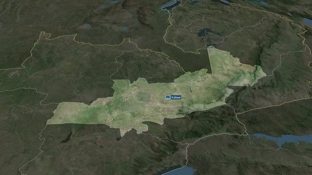 Central - province of Zambia with its capital zoomed on the satellite map of the globe. Animation 3D