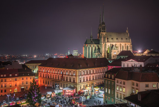 Old Town with Christmas Market and Cathedral of St. Peter and Paul in Brno, Czech Republic as Seen from City Hall Tower at Night