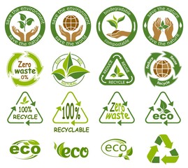 Ecology icons. Symbols of nature conservation and environmental protection. Reduce, reuse and recycle. Recyclable 100% and  Zero waste. Alternative ecological concept. Isolation.  Vector illustration
