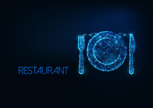 Futuristic restaurant business concept with glowing low polygonal silverware fork, knife and plate