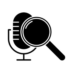 Voice search command glyph icon. Sound request. Microphone and magnifier. Sound recorder, music equipment, magnifying glass. Silhouette symbol. Negative space. Vector isolated illustration