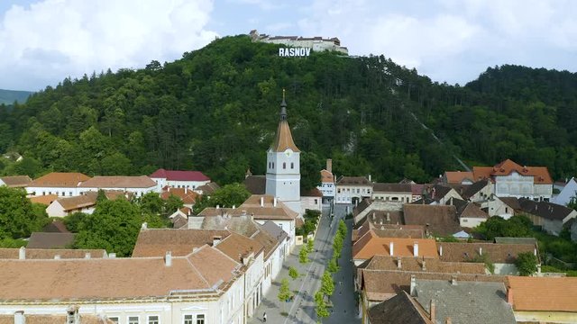 4K Romania Translyvania Low Flying Drone Rasnov City Center Church Citadel