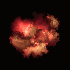 Artistic painting in shades of red, orange and brown on black background. Colorful paint splashes. Modern abstract art.