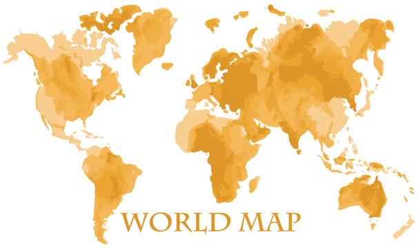 Vector watercolor illustration of retro vintage world global map painted in sepia brown ink color