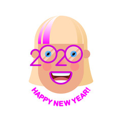 Cheerful smiling blonde girl with pink colored strand in glasses - a symbol of the upcoming 2020. Happy new year!