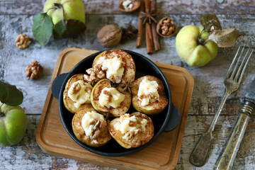 Keto diet. Quince baked with cottage cheese. Selective focus. Macro.