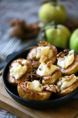 Keto diet. Quince baked with cottage cheese. Selective focus. Macro.