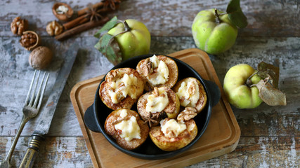 Keto diet. Quince baked with cottage cheese. Selective focus. Macro.