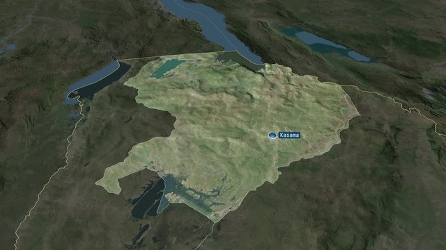 Northern - province of Zambia with its capital zoomed on the satellite map of the globe. Animation 3D