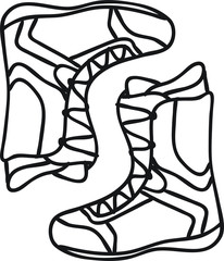 Pair winter boots. Ski shoes. Snowboard accessories. Winter sport element. Black and white icon isolated on white background.