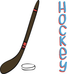 Hockey stick and puck. Hockey accessories.  Winter sport element. Colorful icons isolated on white background.