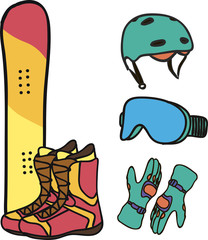 Snowboard and accessories. Winter activity elements. Icon set with snowboard, helmet, gloves, boots and glasses. Colorful vector isolated on white background.