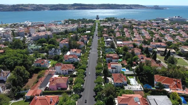 Lisbon cityscape river tagus belem Portugal aerial shot 4k