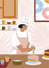 Front view of bakery window. Woman in bakery making cakes. Flat vector illustration.