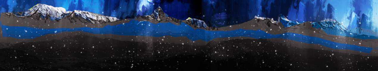 Fototapeta na wymiar Digital landscape painting of mountains in blue tone at night, art illustration