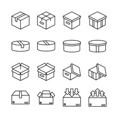 Box line icons set vector illustration. Open package, merchandise,  shiping, upload, carton, wood boxes, product. Simple outline signs for delivery service. Pixel perfect. Editable Strokes.
