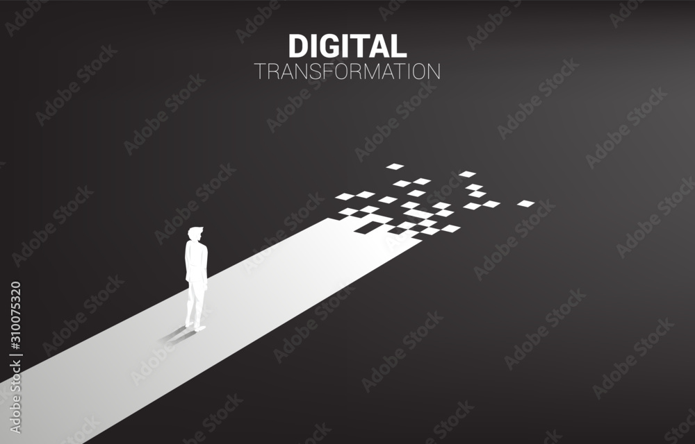 Poster silhouette of businessman standing on the way with pixel. concept of digital transformation of busin