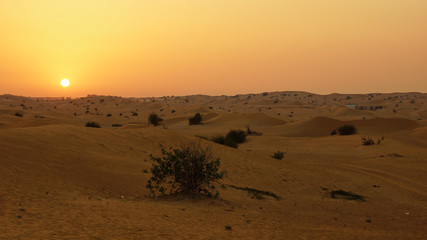 Fototapeta na wymiar sunset in a desert, orange sun and red sand