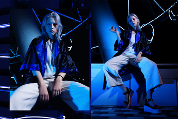 Fashion shooting in Asian style, night city, neon lights and fashionable clothes, professional...