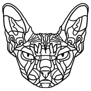 Vector illustration. Coloring page for children and adults. The head of a cat. Sphynx cat. Relaxing coloring book for adults.