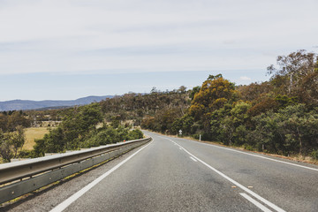 Australian countryside road trip view from the car with empty road and eucalyptus bush,