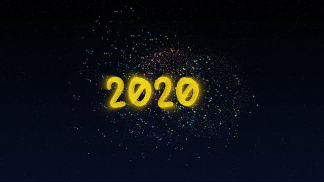 Happy New Year 2020 greeting text with sparkling fireworks illuminate explosion on night star sky background. High-quality best stock abstract image of Happy New Year 2020. Beautiful typography