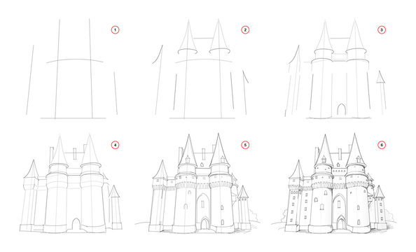 Creation pencil drawing. How to draw from nature step by step sketch of medieval knight castle. Educational page for artists. School textbook for developing artistic skills. Hand-drawn vector image.