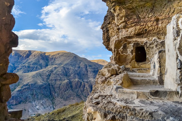 Vanis Kvabebi, a cave monastery near Vardzia in Samtskhe–Javakheti Region, Georgia, Europe. A...