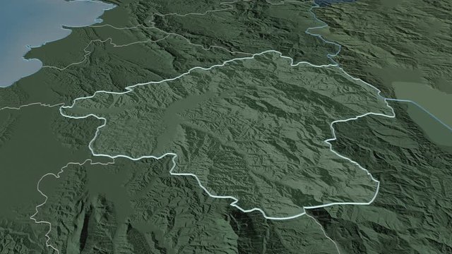 Elbasan, county with its capital, zoomed and extruded on the administrative map of Albania in the conformal Stereographic projection. Animation 3D