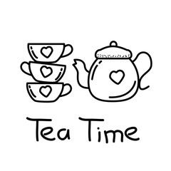 Teapot and cup vector illustration with hand drawn doodle style isolated on white background. Tea time doodle 