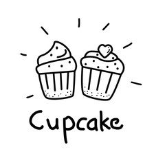 Cupcake vector illustration with black and white hand drawn style isolated on white background. Cupcake doodle 